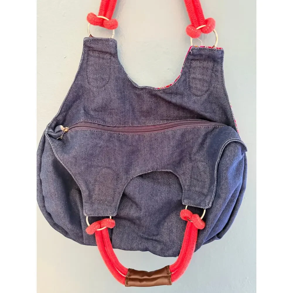 Handmade Peruvian Andean Textile Denim Hobo Bag Bright Woven Stripe Rope Handle